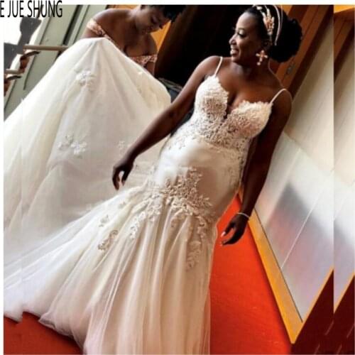 E JUE SHUNG African Mermaid Wedding Dresses 2020 New Spaghetti Straps Appliques Lace Up Back Bridal Dresses robe de mariee