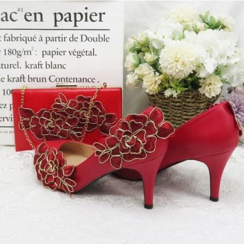 Red Flower womens High Heel Round Toe Party dress shoes big size High Pumps Woman Round Toe platform Shoes Wedding Shoe Bride