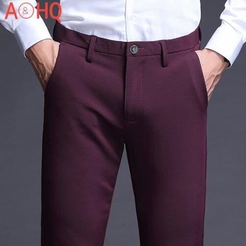 Stretch Slim Casual Dress Pants Men Red Business Office Formal Suit Pants for Men 2021 Summer Spring