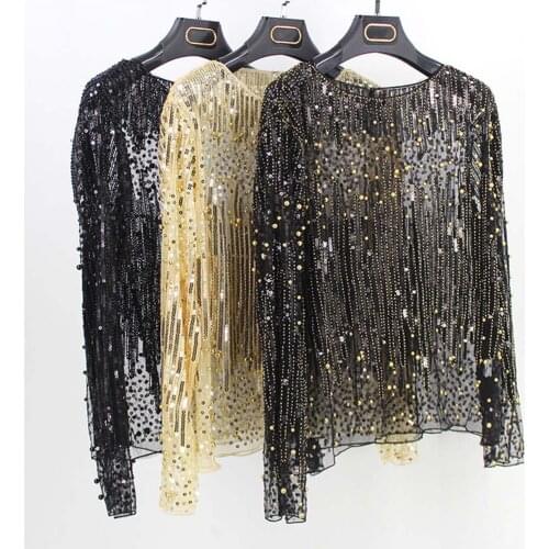 Vintage Women O-neck Long Sleeve Sequined Women Mesh Tops Print Shirts Blusas Camisa Feminina