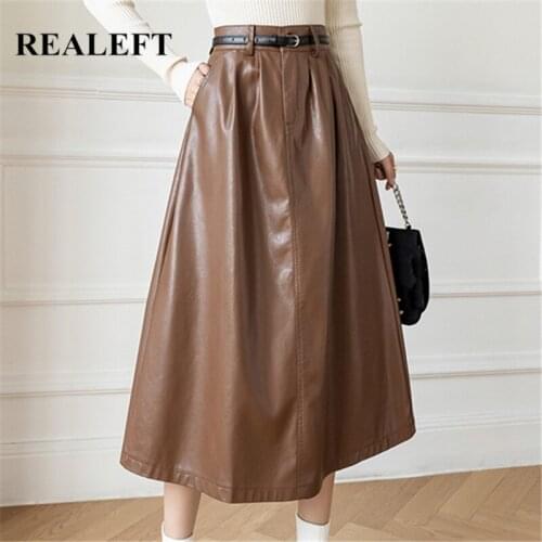 REALEFT Autumn Winter PU Faxu Leather Women Mi-long Umbrella Skirts with Belted 2021 New High Waist A-Line Skirt Pockets Female