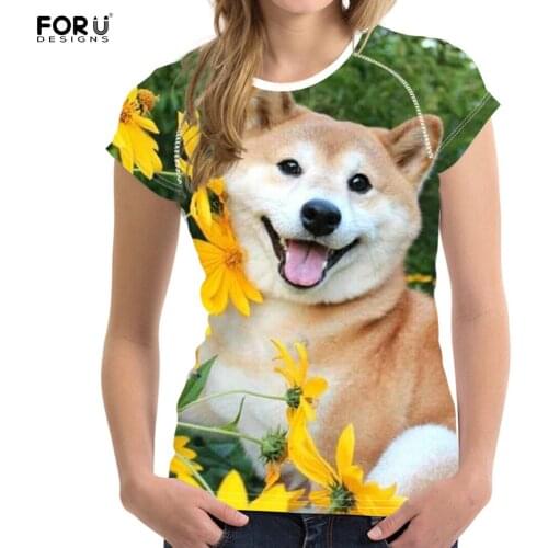FORUDESIGNS Women 3D T-shirts Cute Japanese Akita Dog Design Summer Short Sleeves Elastic Breathable O-neck Tops Casual Tee Girl