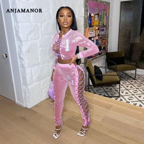 ANJAMANOR Sexy Bling Sequin Two Piece Set Club Outfits for Women Cut Out Lace Up Bandage Pants Crop Top Matching Sets D57-HH42