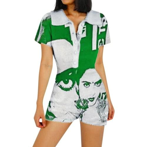 Women Close-Fitting Playsuit Female Portrait Print Romper Turn-down Collar Short Sleeve Jumpsuit Green Black
