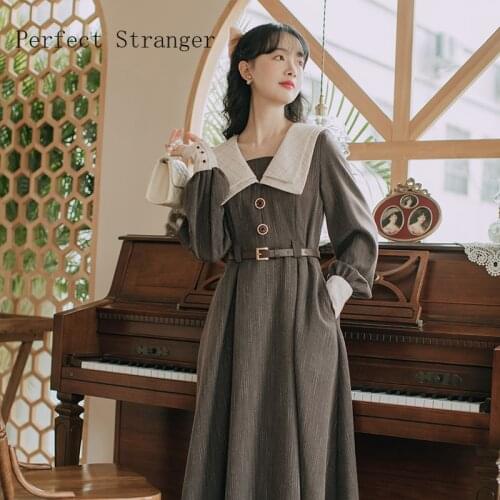 2021 Autumn New Arrival High Quality Vintage Peter Pan Collar Long Sleeve Collect Waist Women Long Dress With Belt