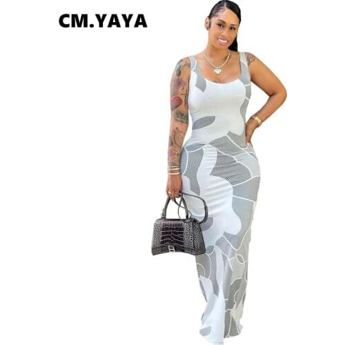 CM.YAYA Women Long Dress Print Sleeveless Stretchy Bodycon Skinny Maxi Dresses Sexy Fashion Party Vestidos Summer Outfits 2021