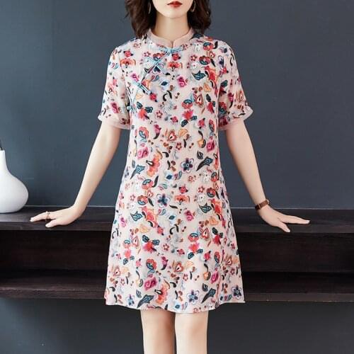 2021 Summer High Quality Cheongsam Mini Silk Dress Vintage 3XL Plus Size Pink Print Runway Dress Elegant Women Bodycon Vestidos