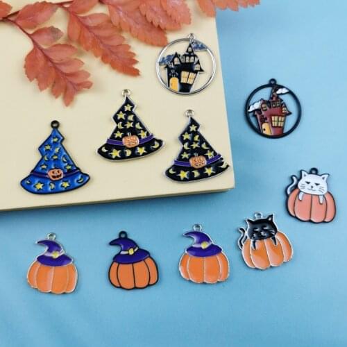 10pcs Halloween Alloy Charms Haunted House Paint Pumpkin Vampire Hat Ghost Enamel Charms Pendants Jewelry DIY Accessory Gift