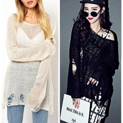 2015 Womens Loose Hole Sweater Hollow out Asymetric Hem Loose Knitted V neck Long Sleeve Thin Sweater Tops