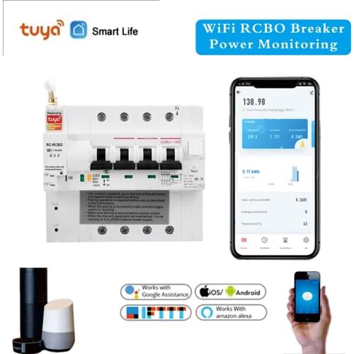 Din Rail Tuya Smart RCBO Circuit Breaker with Energy Monitoring 4P WiFi RCBO MCB Leakage Current Protection Alexa Compatible