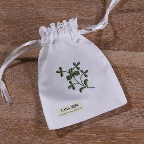 B016：1piece White Ramie Cotton Lace pocket mouth embroidery Gift Sachet bags Travel storage pouch Drawstring bags