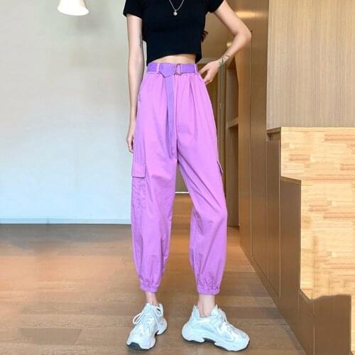 High Waist Cargo Pants Women Loose Casual Harem Pants Color Solid Female Multi-pocket Sashes Nine Points Pants Trousers