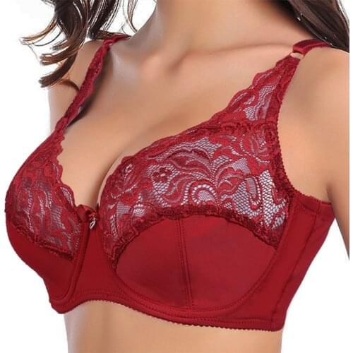 Women Plus Size Bra Solid Color Lace Hollow Out Soutien Gorge Underwear Sexy Ultrathin Transparent Brassiere C D Cup