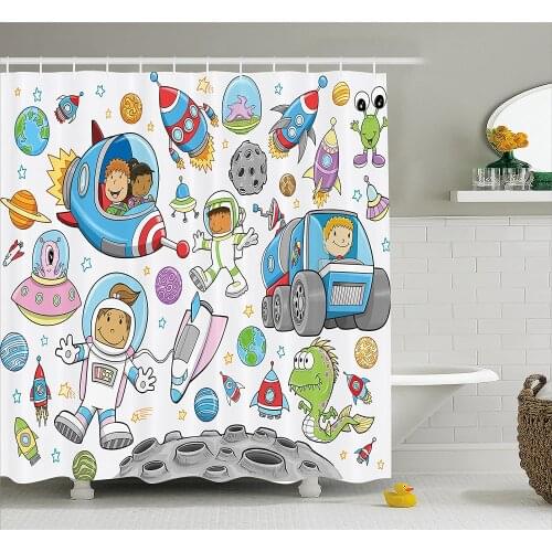 Outer Space Decor Shower Curtain Cute Deep Space Astronaut Girl Boy Aliens Rockets on Moon Kids Nursery Theme Bathroom Decor