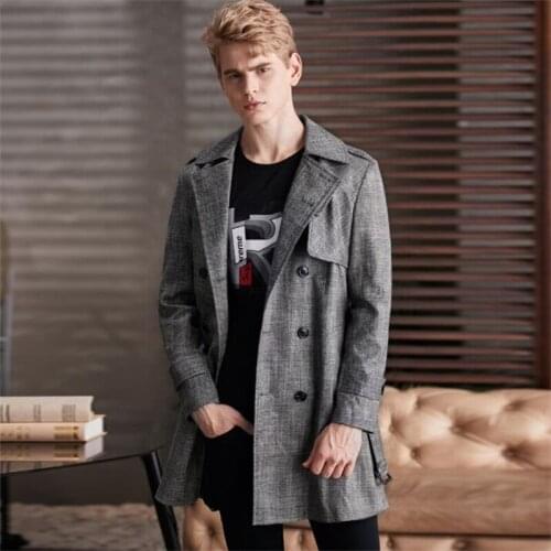 Business plaid trench coat mens mid-length clothes erkek mont пальто autumn new product lapel double-breasted fashion style