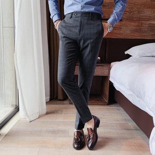 British Style Business Casual Men Plaid Pants Dress Formal Wear Slim Fit All Match Fashion Straight Gentlemen Office Trousers