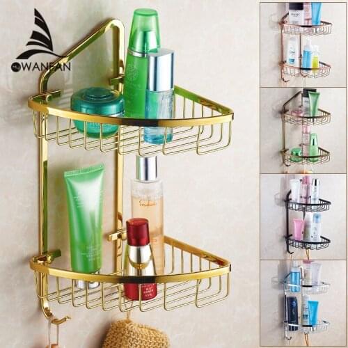 VidricShelves 2 Tier Gold Brass Wall Shower Corner Shelf Bathroom Basket Holder Shampoo Storage Shelf Rack Towel Hooks HJ-827