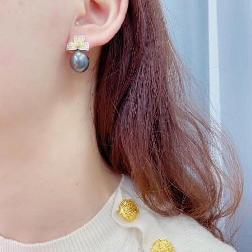 ECHSUN Natural Light Color Tahitian Black Pearl 925 Sterling Silver Seiko Inlaid Ring Earring Pearl Set Jewelry Set Wholesale an