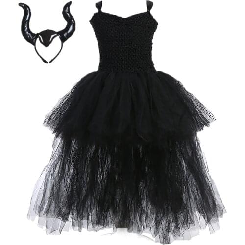 Halloween Dark Unicorn Costume Tutu Dress V Neck Kids Girls Evil Black Magic Witch Outfit Clothing Set For Carnival Holidays