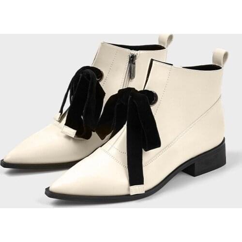 Fashion Womens Ankle Boots Pointed Toe Lace Up Zipper Side Shoes Beige Black J48