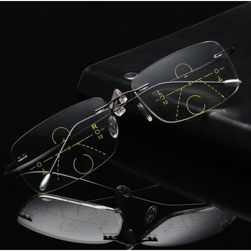 Titanium Rimless Progressive Multifocal Multifocus Multi focus Reading Glasses Transition Men Eyewear Hyperopia Presbyopia Reade