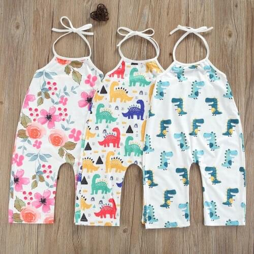 Toddler Baby Girl Halter Romper Summer Lovely Tie Up Sleeveless Flower/Dinosaur Print Jumpsuits Infant Kids Backless Outwear
