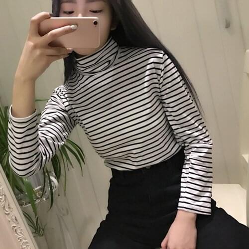 Striped T-Shirts Women Turtleneck Long Sleeve Cute Loose Tops Student Style Korean Plus Size Autumn Winter Fashion Harajuku New