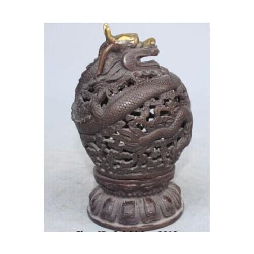 RHS0132 7" Marked Chinese Bronze Gilt Dragon Dragons Beast Incense Burner Censer Statue