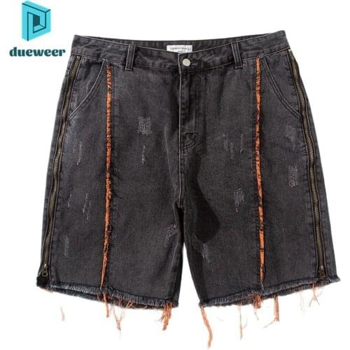 Dueweer Side Zip Denim Shorts Mens Streetwear Color Block Punk Jeans Shorts Hip Hop Men Ripped Short Loose Casual