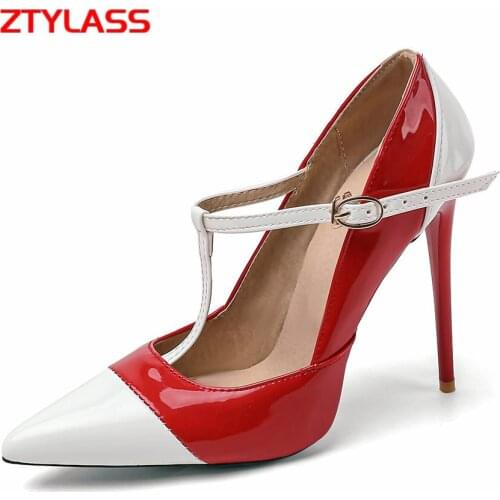Sexy Thin High Heel Women Summer T-Strap Shoes Fashion Buckle Mixed Colors Pumps Ladies Pointed Toe Party Autumn Spring Shoes