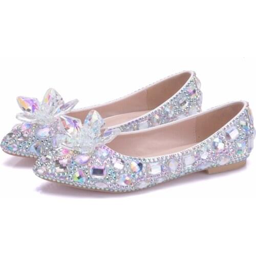 Crystal Queen Crystle Cinderella Shoes Rhinestone Flat heel Women Shoes Sexy Woman Wedding Flats Zapatos Mujer big size 34-43