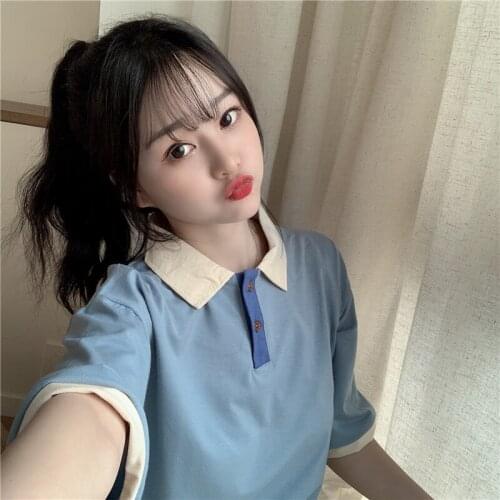 Japanese women loose patchwork Harajuku style polo collar short-sleeved t-shirt