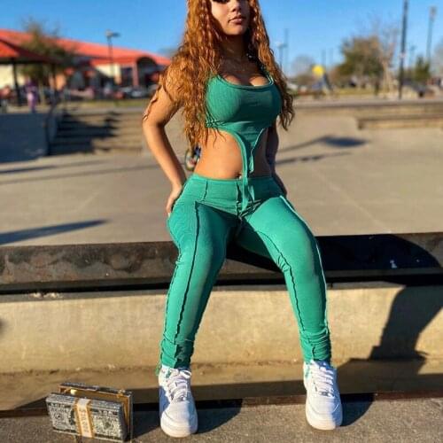 Wsevypo Women Vest and Pants Suits Summer Solid Color Two-pieces Streetwear Sets Summer Irregular Cut Crop Top+High Waist Pants