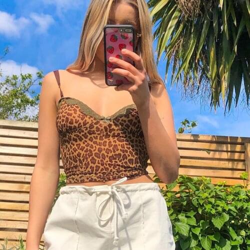 Patchwork Lace Edge Leopard Crop Top Women Sleeveless Sexy Party Clubwear V Neck Slim Rave Streetwear Top Tees Harajuku