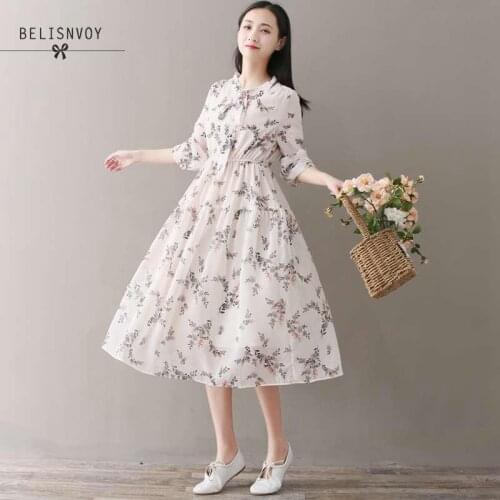 Mori Girl Autumn Women Long Dress Bow Collar Floral Printed High Waist Vestidos Longo Elegant Chiffon Sweet Romantic Dresses