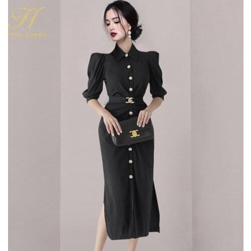 H Han Queen Elegant Office Pencil Dress Women Korean Slim Single-breasted Sheath Shirt Dresses Work Bodycon Vestidos Autumn 2021