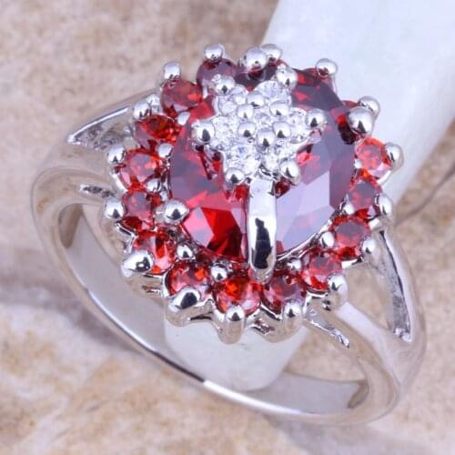 Distinctive Red Garnet White CZ Silver Plated Womens Flower Jewelry Ring Size 6 / 7 / 8 / 9 R1181