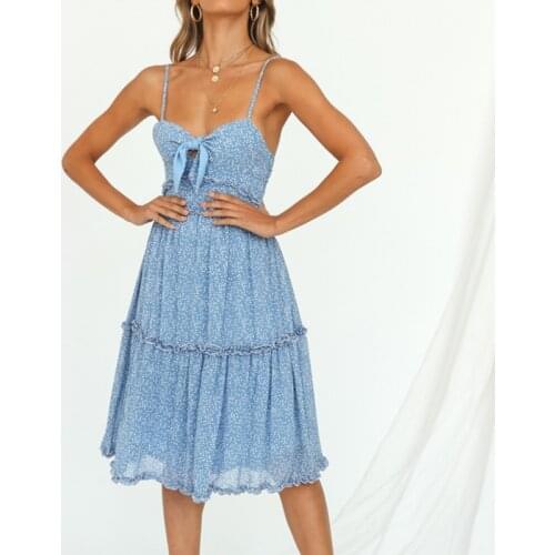 Summer Sexy Bow Midi Dress Women Vintage Spaghetti Strap Holiday Beach Party Dresses 2021 Female Print V Neck Backless Dress