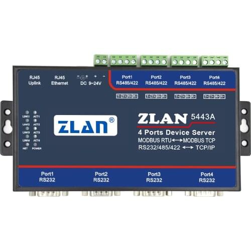 4 ports Serial RS232 RS485 RS422 to Ethernet TCPIP RJ45 Converter Modbus RTU to TCP Gateway device server ZLAN5443A