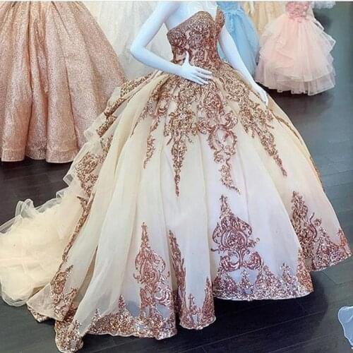 Sparkly Rose Gold Quinceanera Dresses 2020 Ball Gown Puffy Tulle Sweet 16 Dress Princess Formal Brithday Party Prom Dress Sequin