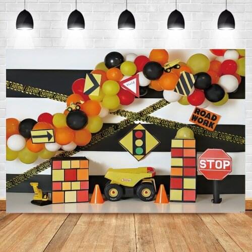 Baby Cartoon Construction Truck Excavator Road Work Stop Traffic Signs Balloon Party Child Photo Background Photo Backdrops
