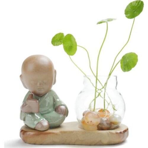 Coarse Pottery Monk Flowerpot Hydroponics Glass Vase Creative Tea Pet Chan Flower Pot Office Desktop Ornaments Home Decor