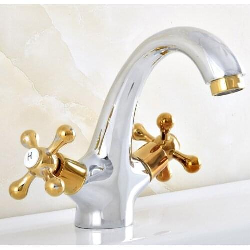 Chrome & Gold Brass Bathroom Faucet Basin Mixer Tap Double Cross Handle Single Hole Hot and Cold Water Nnf480