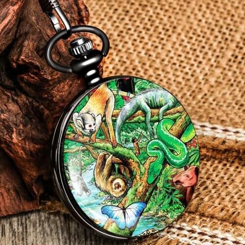 Primitive Human And Animal Life Personality Quartz Pocket Watch Black Durable Thick Chain Alloy Clamshell Case Boy New Year Gift
