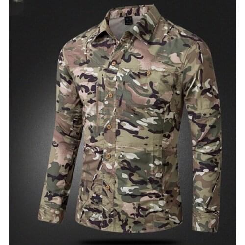 HOT 2019 Outdoor Summer Sport Long Sleeve Cargo Army Military Cargo Camouflage Men Quick-drying tactical shirt With pocket