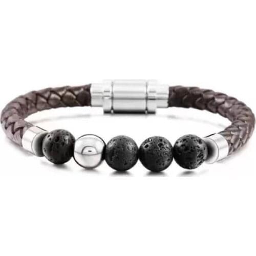 Mens Natural Energy Stone Bracelet Coffee Leather Stainless Steel Bracelet 9 Stone Choices Factory Outlet