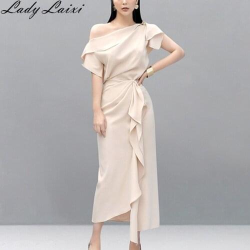 New Arrival Summer Runway High Quality Elegant 2 Pcs Set Sexy Fashion One Shoulder Shirt Tops + Draped Ruffles Long Skirts