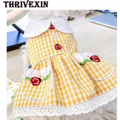 Pet Clothes Yellow Lattice Ladybug Cute Pet Dress Princess Pet Dog Clothes Girl Skirts for Small Medium Dog Puppy Clothes