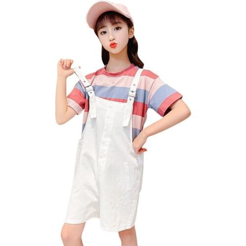 Teen Girls Clothing Striped Tshirt + Jumpsuit Girls Clothing Casual Style Tracksuit Girl Summer Tracksuits For Children