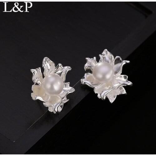 Genuine 925 Sterling Silver Freshwater Pearl Stud Earrings Elegant Flower Wedding Engagement Jewelry For Women Gifts 2019s